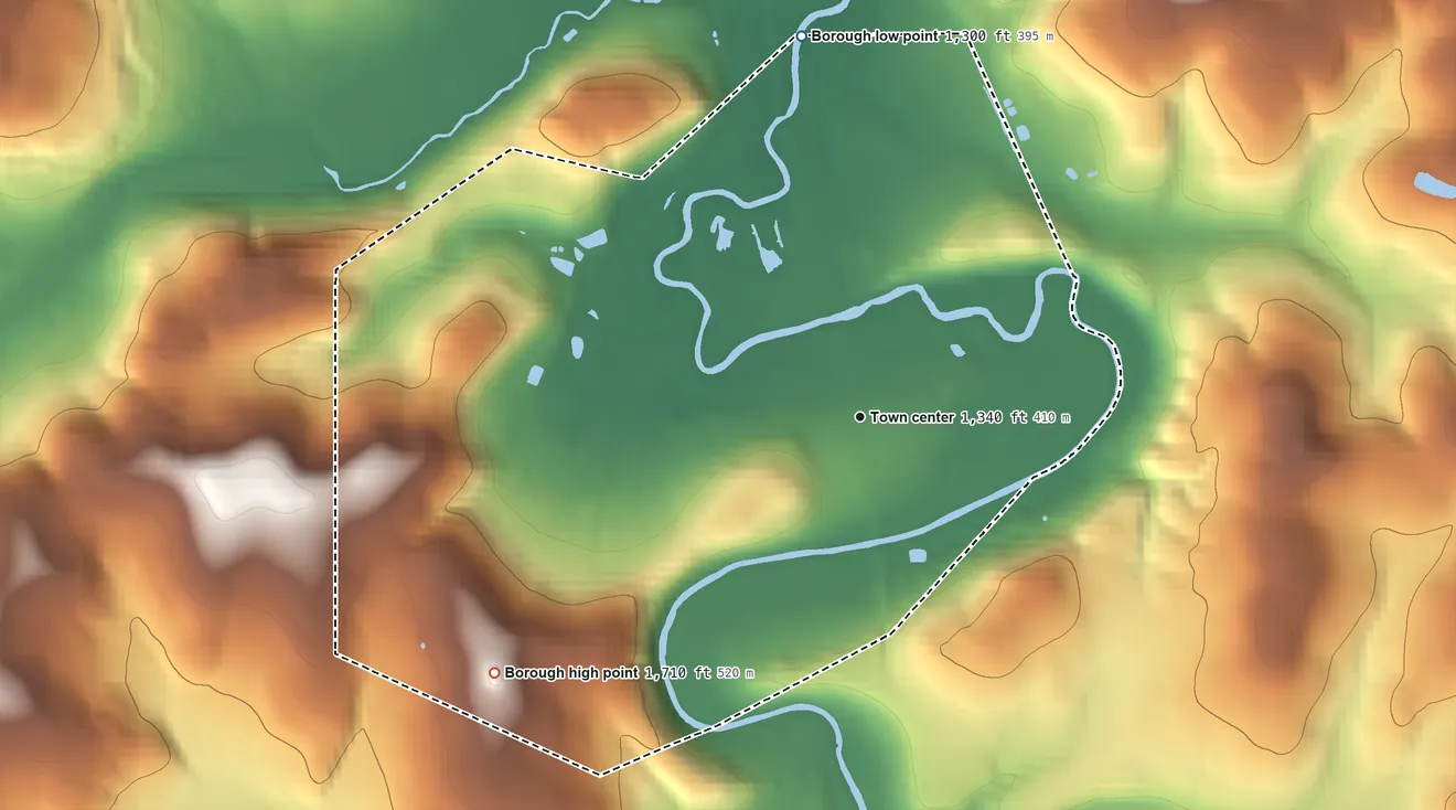 Topographic elevation map of Burnside, Pennsylvania, shaded from 1,300 ft on the north side to 1,710 ft on the southwest side