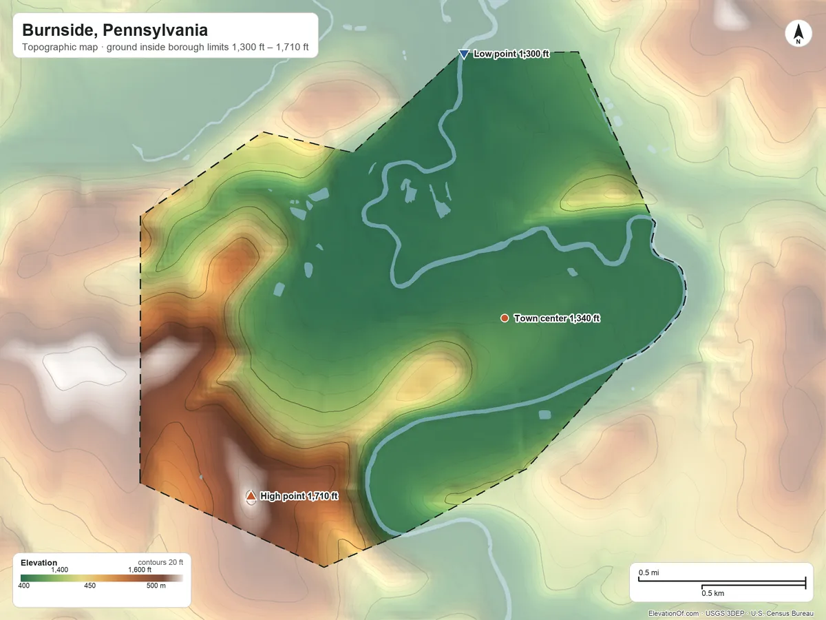 Topographic elevation map of Burnside, Pennsylvania, shaded from 1,300 ft on the north side to 1,710 ft on the southwest side
