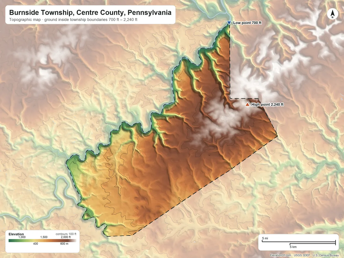 Topographic elevation map of Burnside Township, Centre County, Pennsylvania, shaded from 700 ft on the northeast side to 2,240 ft on the northeast side