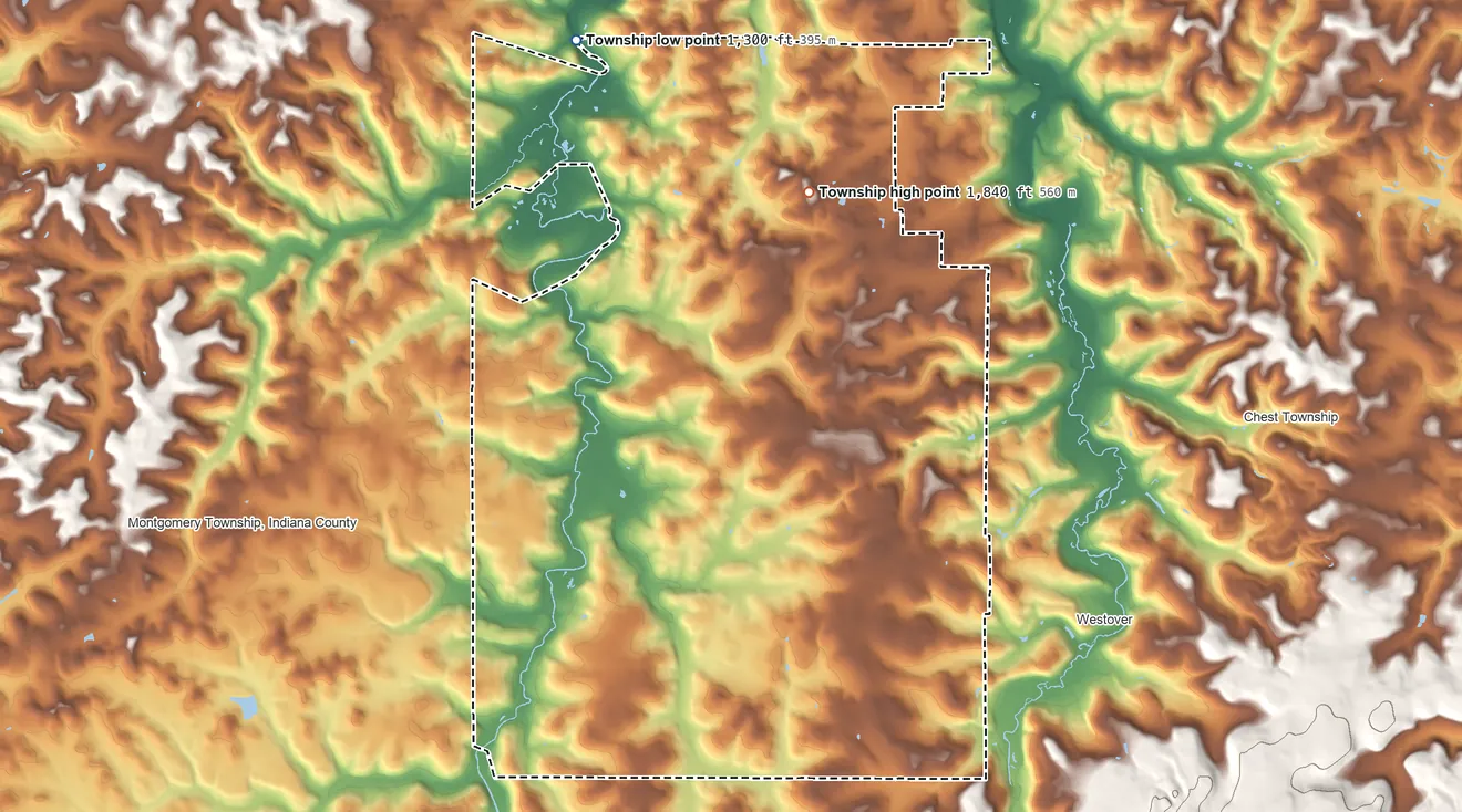 Topographic elevation map of Burnside Township, Pennsylvania, shaded from 1,300 ft on the north side to 1,840 ft on the north side