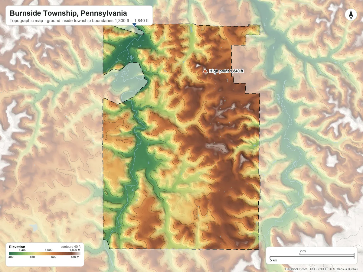 Topographic elevation map of Burnside Township, Pennsylvania, shaded from 1,300 ft on the north side to 1,840 ft on the north side