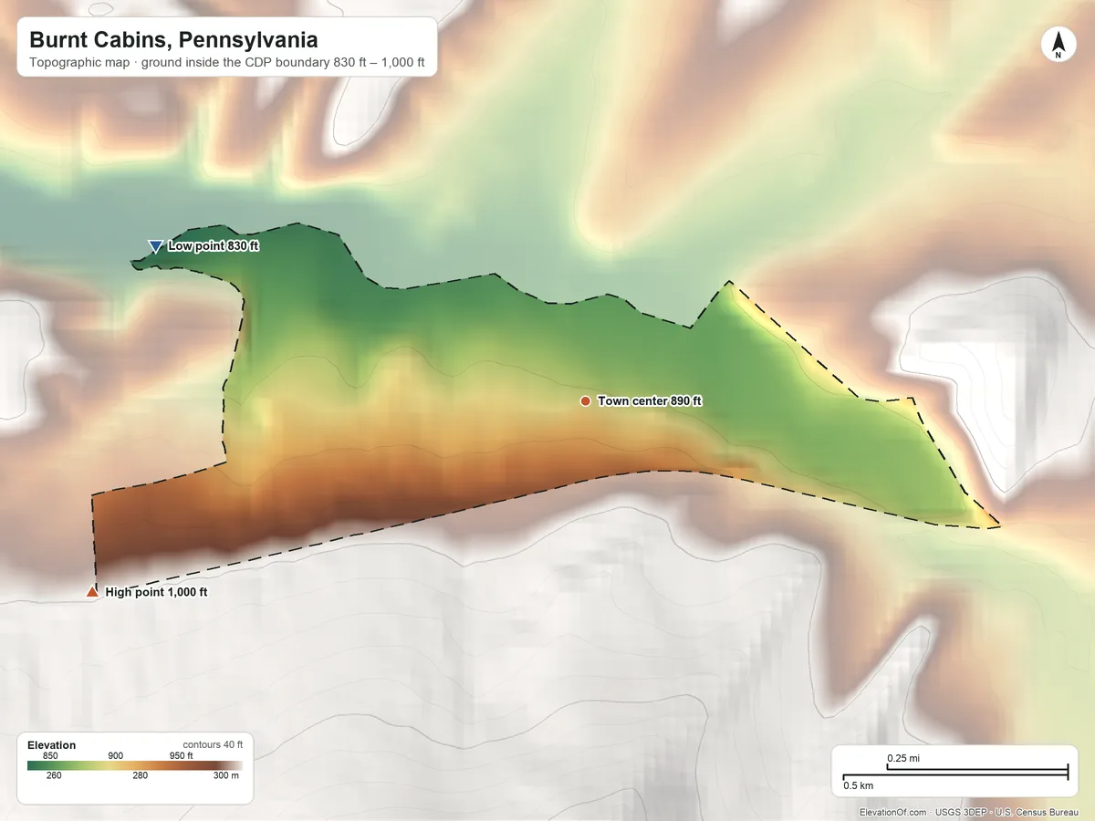Topographic elevation map of Burnt Cabins, Pennsylvania, shaded from 830 ft on the west side to 1,000 ft at the foot of the Kittatinny Mountain