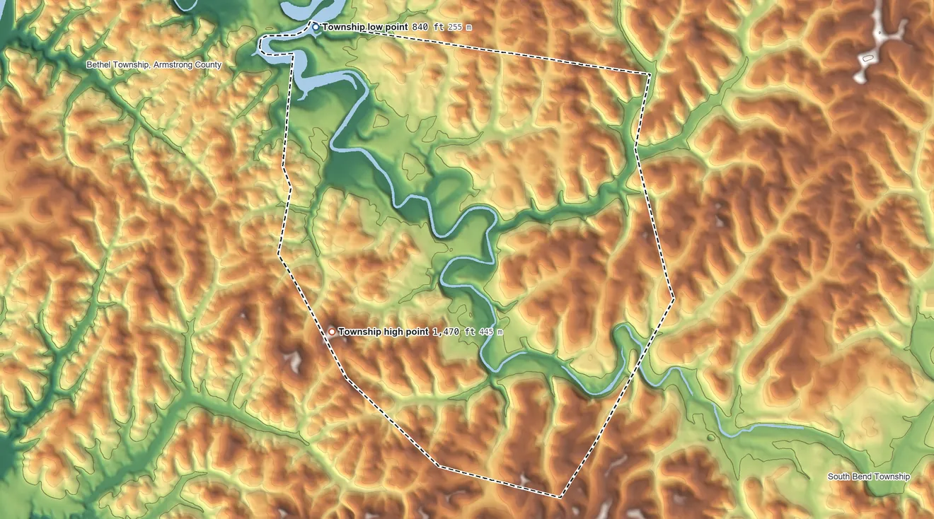 Topographic elevation map of Burrell Township, Armstrong County, Pennsylvania, shaded from 840 ft on the northwest side to 1,470 ft on the west side
