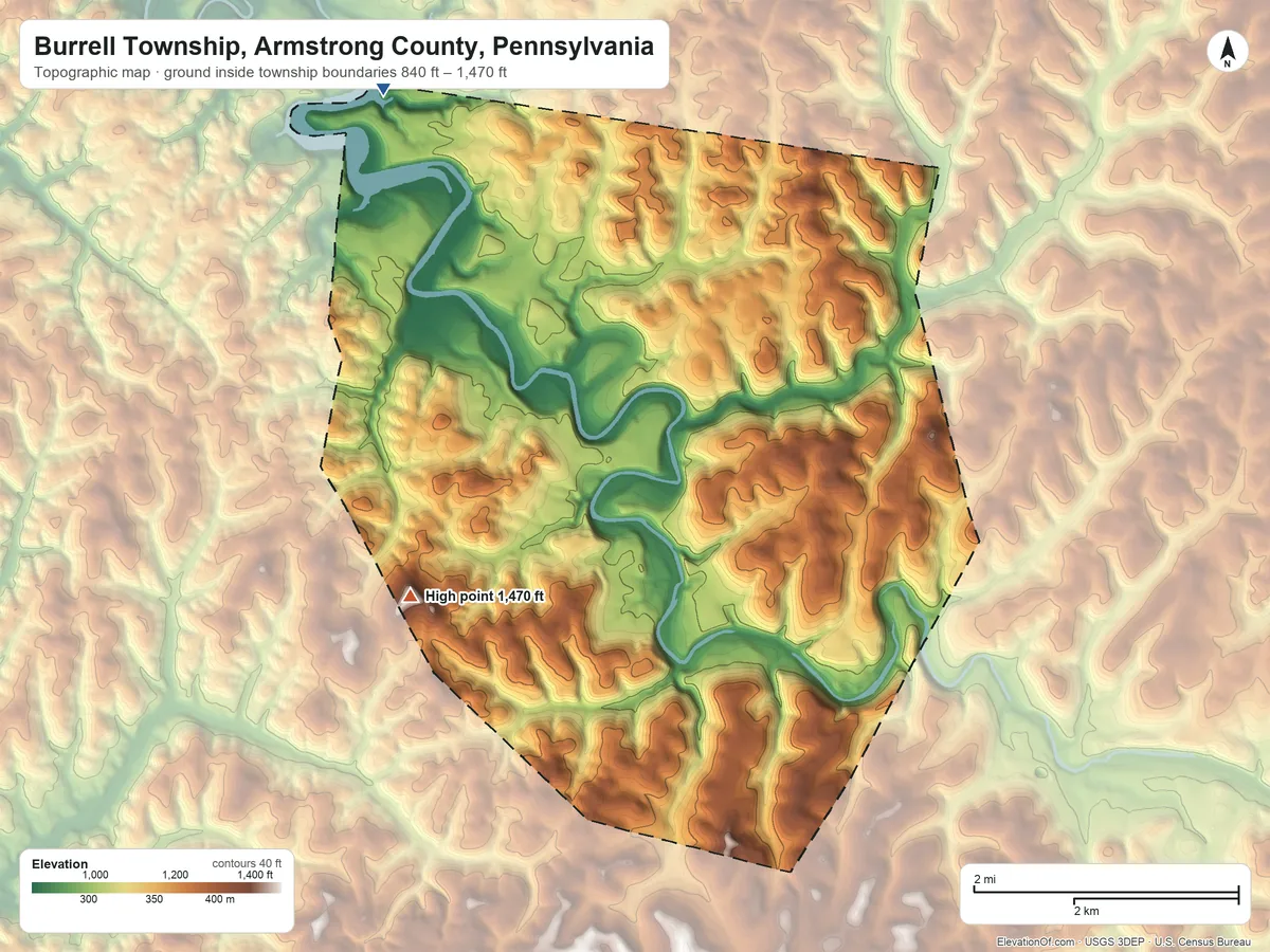 Topographic elevation map of Burrell Township, Armstrong County, Pennsylvania, shaded from 840 ft on the northwest side to 1,470 ft on the west side