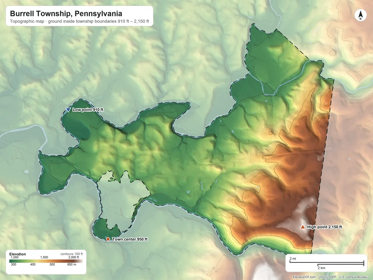 Topographic elevation map of Burrell Township, Pennsylvania, shaded from 910 ft on the north side to 2,150 ft on the east side