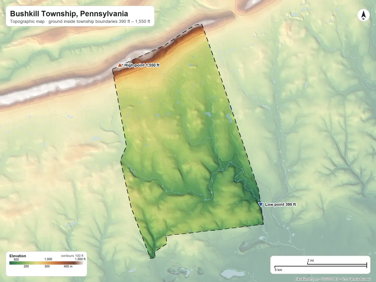 Topographic elevation map of Bushkill Township, Pennsylvania, shaded from 390 ft on the southeast side to 1,550 ft on the northwest side