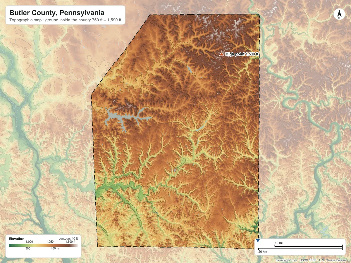 Topographic elevation map of Butler County, Pennsylvania, shaded from 750 ft on the southeast side to 1,590 ft on the northeast side