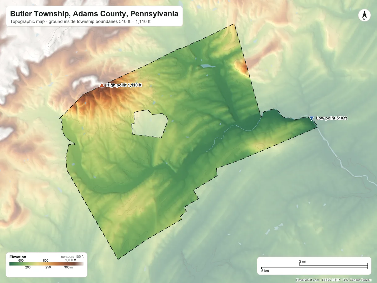Topographic elevation map of Butler Township, Adams County, Pennsylvania, shaded from 510 ft on the east side to 1,110 ft at the foot of the South Mountain