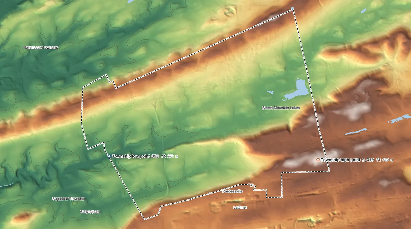 Topographic elevation map of Butler Township, Luzerne County, Pennsylvania, shaded from 890 ft on the west side to 2,010 ft on the east side
