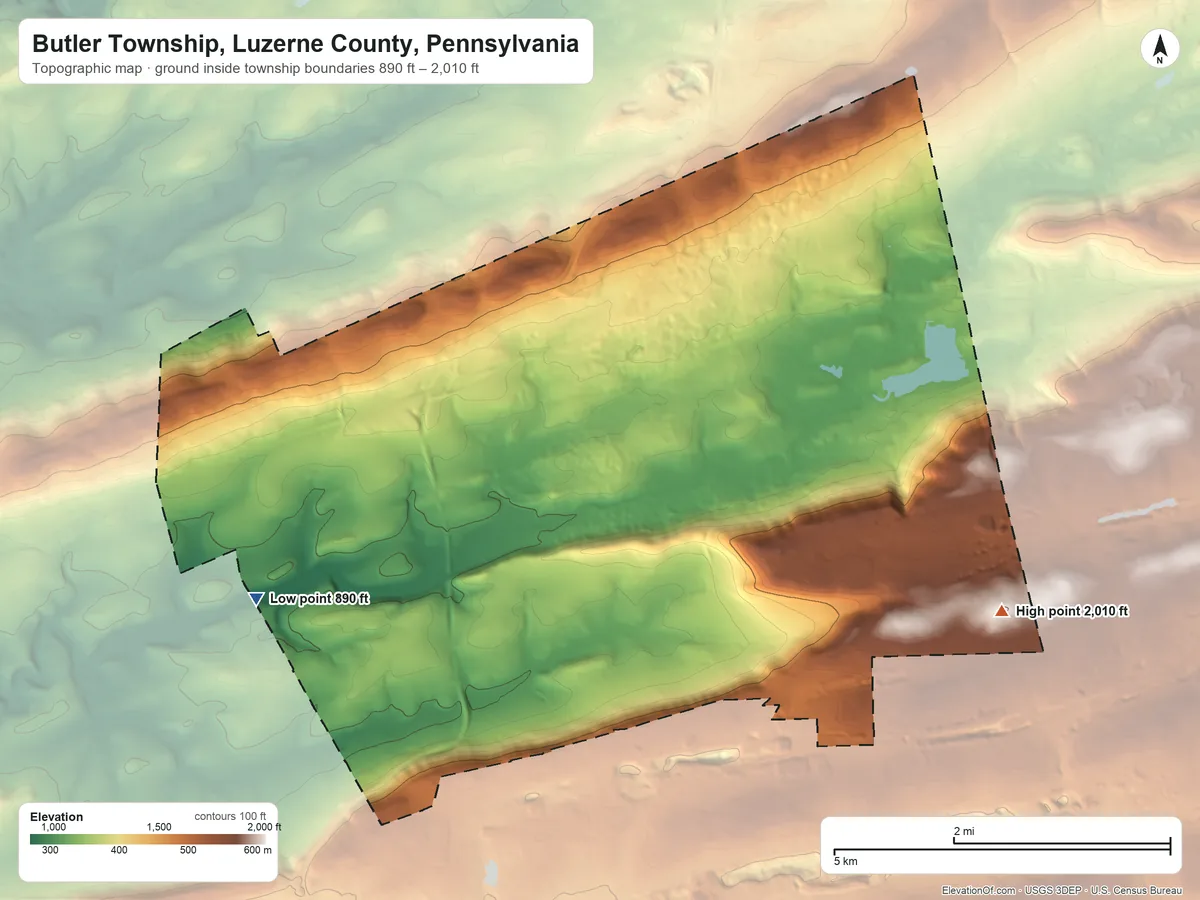 Topographic elevation map of Butler Township, Luzerne County, Pennsylvania, shaded from 890 ft on the west side to 2,010 ft on the east side