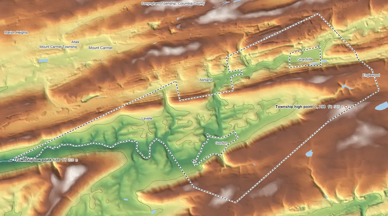Topographic elevation map of Butler Township, Schuylkill County, Pennsylvania, shaded from 680 ft on the west side to 1,790 ft on the east side