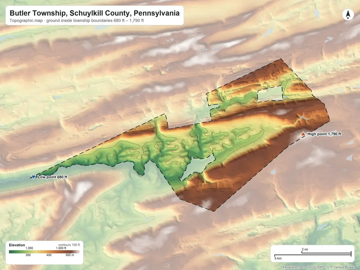 Topographic elevation map of Butler Township, Schuylkill County, Pennsylvania, shaded from 680 ft on the west side to 1,790 ft on the east side