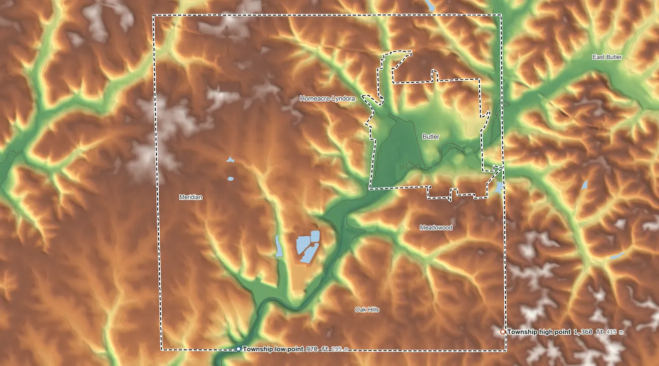 Topographic elevation map of Butler Township, Pennsylvania, shaded from 970 ft on the southwest side to 1,360 ft on the southeast side