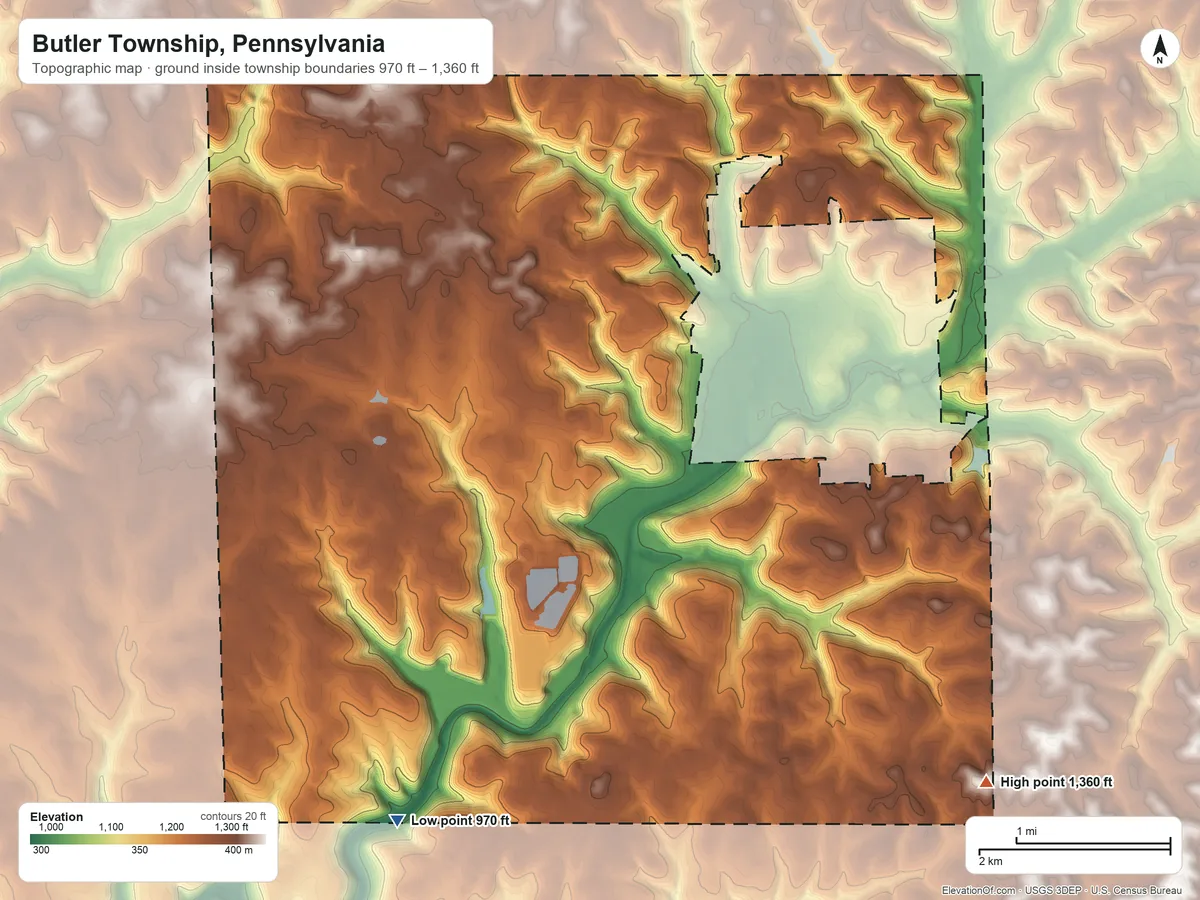Topographic elevation map of Butler Township, Pennsylvania, shaded from 970 ft on the southwest side to 1,360 ft on the southeast side