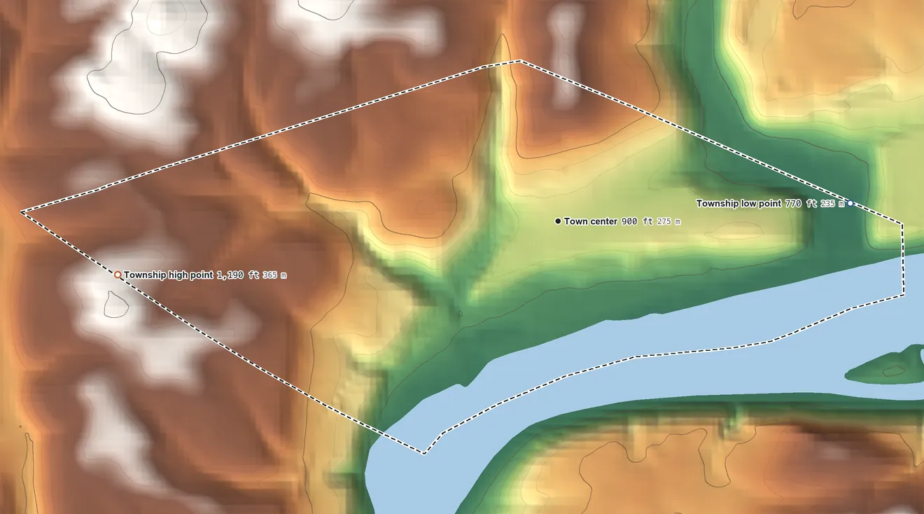 Topographic elevation map of Cadogan Township, Pennsylvania, shaded from 770 ft on the east side to 1,190 ft on the west side
