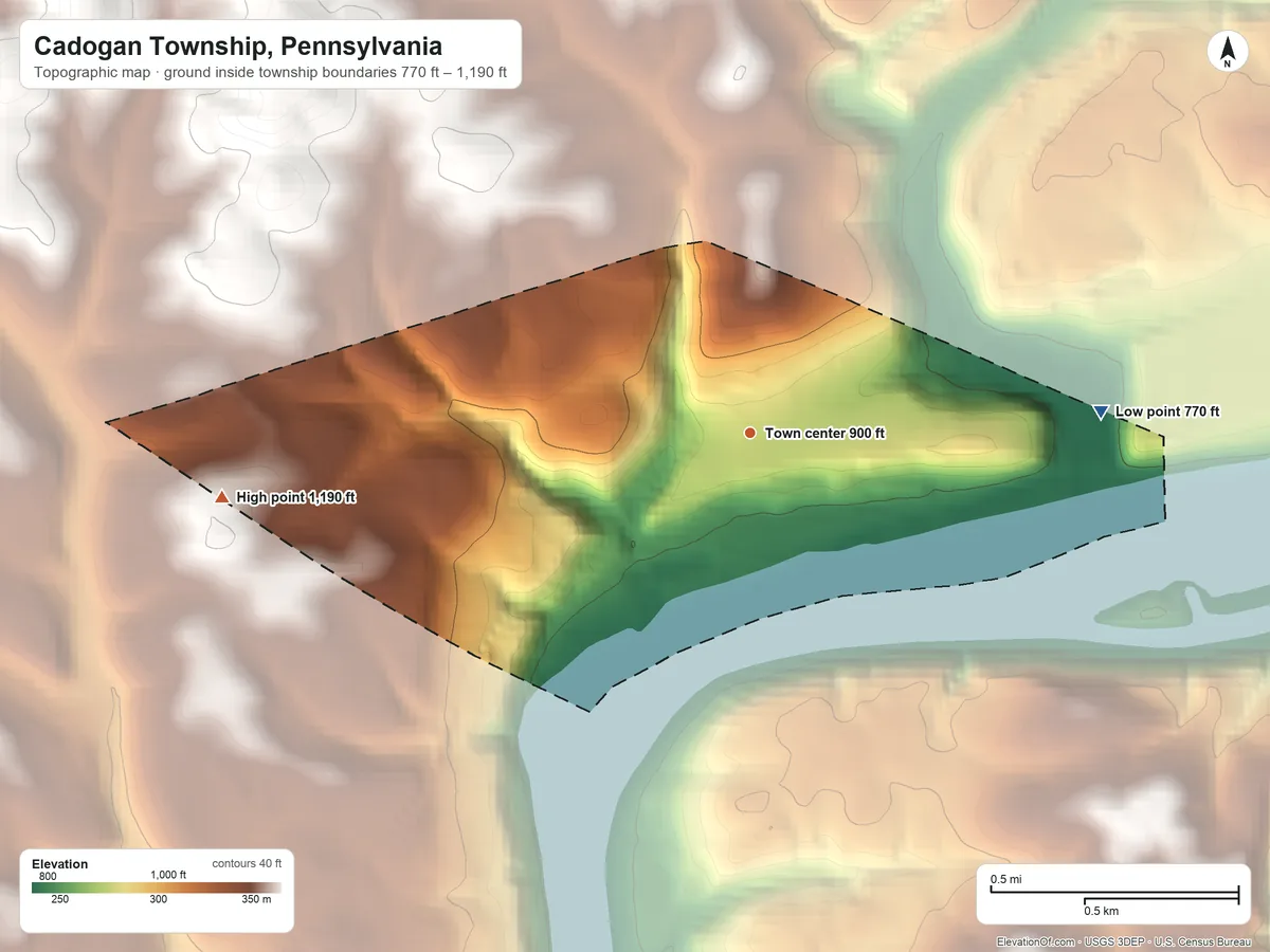 Topographic elevation map of Cadogan Township, Pennsylvania, shaded from 770 ft on the east side to 1,190 ft on the west side