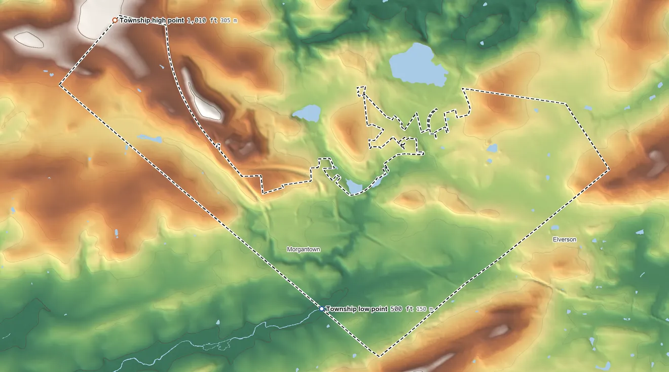 Topographic elevation map of Caernarvon Township, Berks County, Pennsylvania, shaded from 500 ft on the southwest side to 1,010 ft on the northwest side