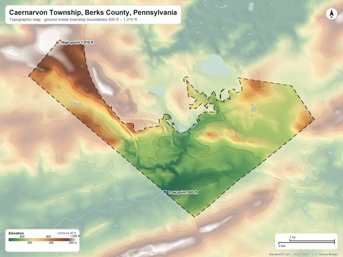 Topographic elevation map of Caernarvon Township, Berks County, Pennsylvania, shaded from 500 ft on the southwest side to 1,010 ft on the northwest side