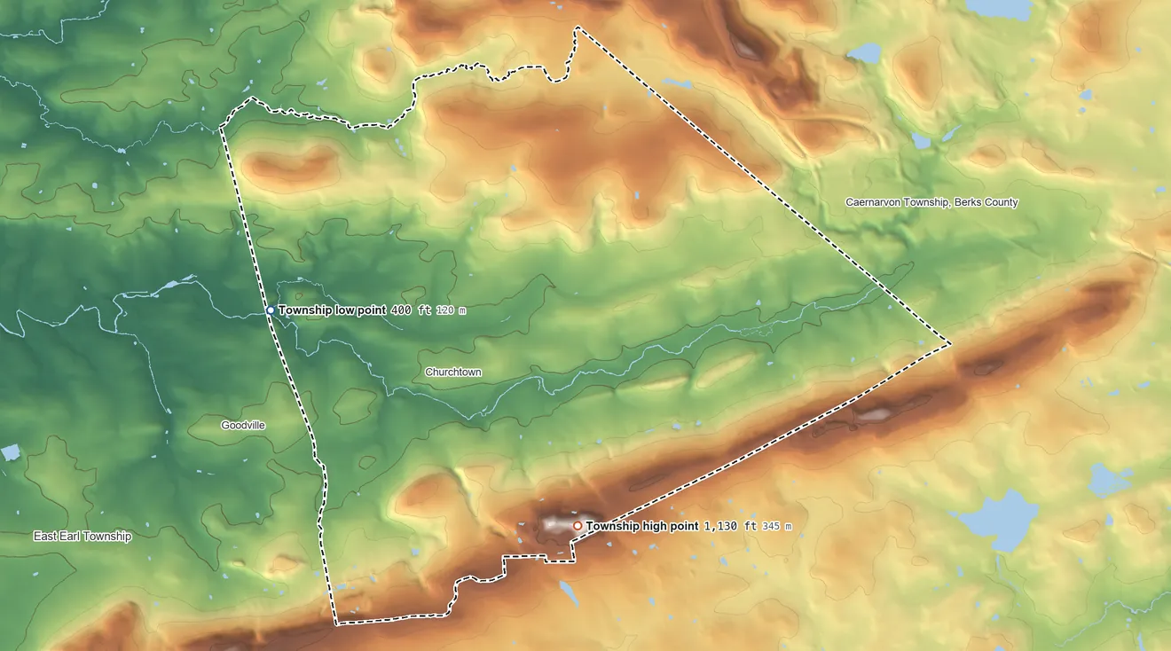 Topographic elevation map of Caernarvon Township, Pennsylvania, shaded from 400 ft on the west side to 1,130 ft on the south side