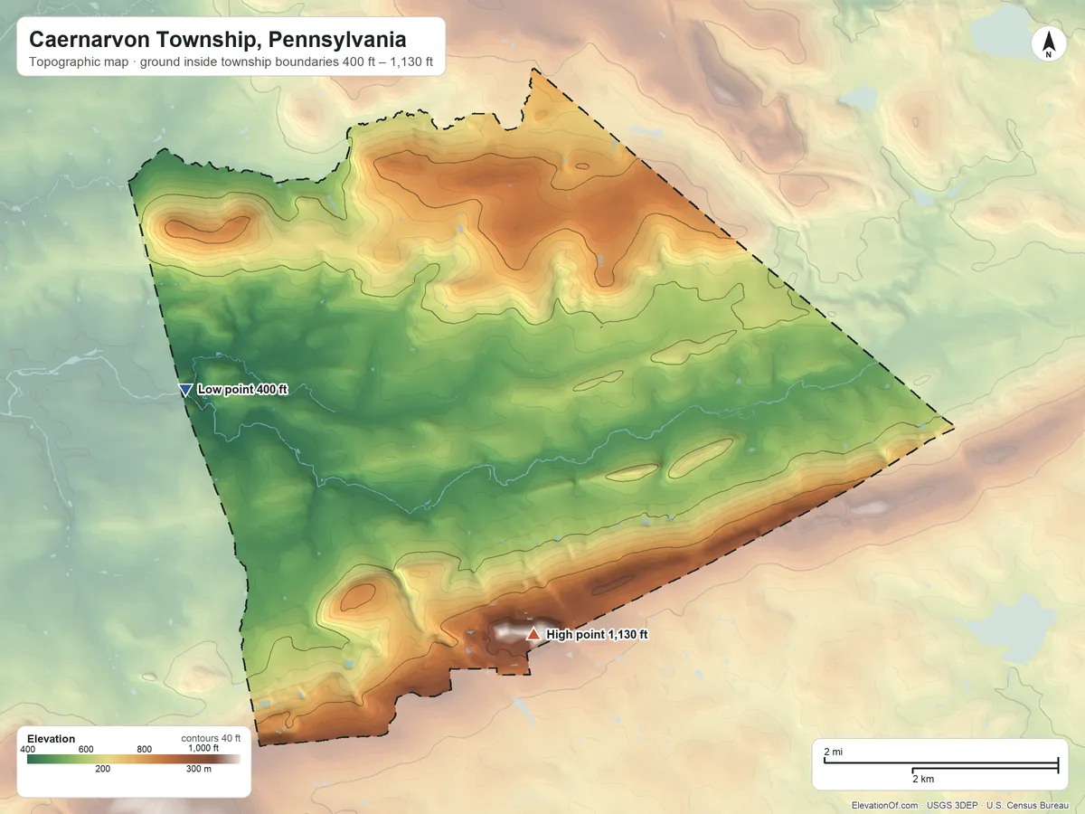 Topographic elevation map of Caernarvon Township, Pennsylvania, shaded from 400 ft on the west side to 1,130 ft on the south side