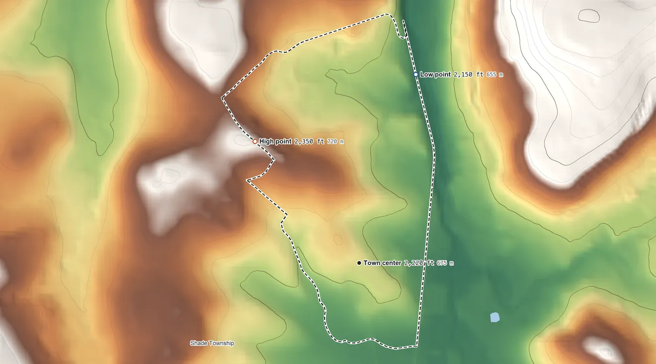Topographic elevation map of Cairnbrook, Pennsylvania, shaded from 2,150 ft on the north side to 2,350 ft on the northwest edge, below higher ground just outside