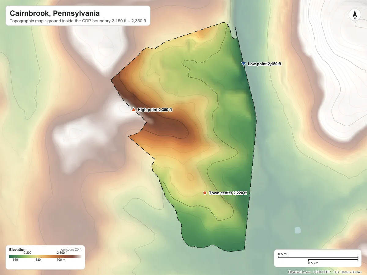 Topographic elevation map of Cairnbrook, Pennsylvania, shaded from 2,150 ft on the north side to 2,350 ft on the northwest edge, below higher ground just outside
