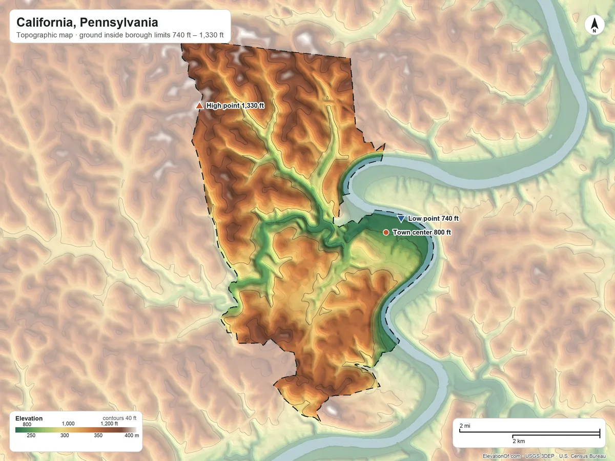Topographic elevation map of California, Pennsylvania, shaded from 740 ft near the middle to 1,330 ft on the northwest side