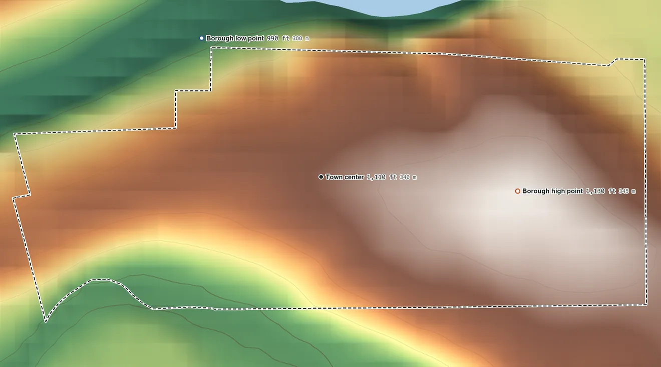 Topographic elevation map of Callensburg, Pennsylvania, shaded from 990 ft on the northwest side to 1,130 ft on the east side