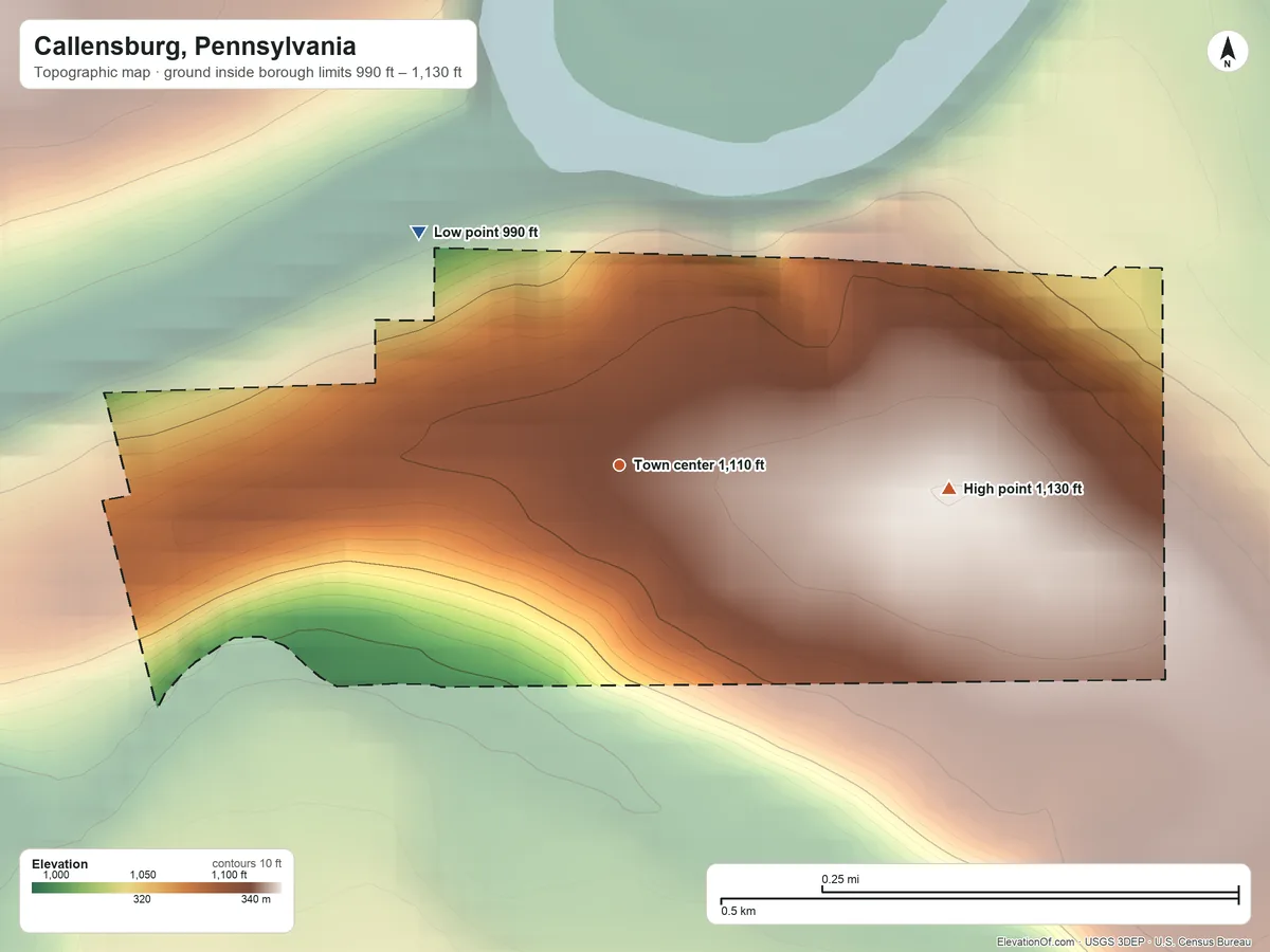 Topographic elevation map of Callensburg, Pennsylvania, shaded from 990 ft on the northwest side to 1,130 ft on the east side