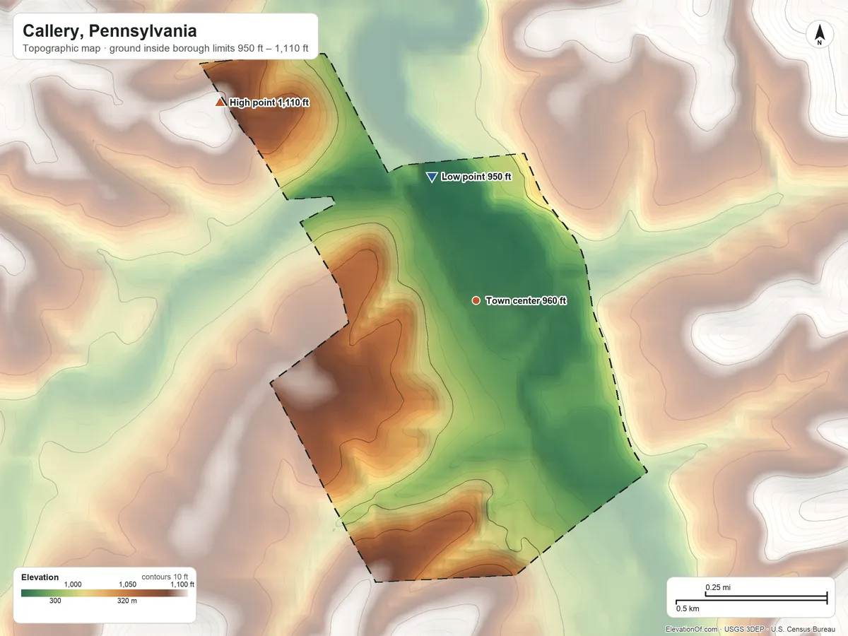 Topographic elevation map of Callery, Pennsylvania, shaded from 950 ft on the north side to 1,110 ft on the northwest side