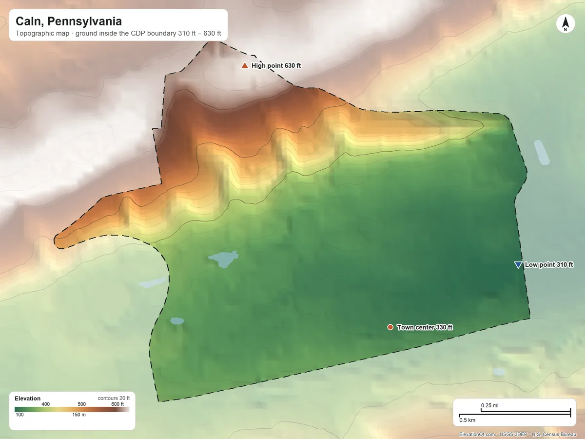 Topographic elevation map of Caln, Pennsylvania, shaded from 310 ft on the northeast side to 630 ft on the northwest side