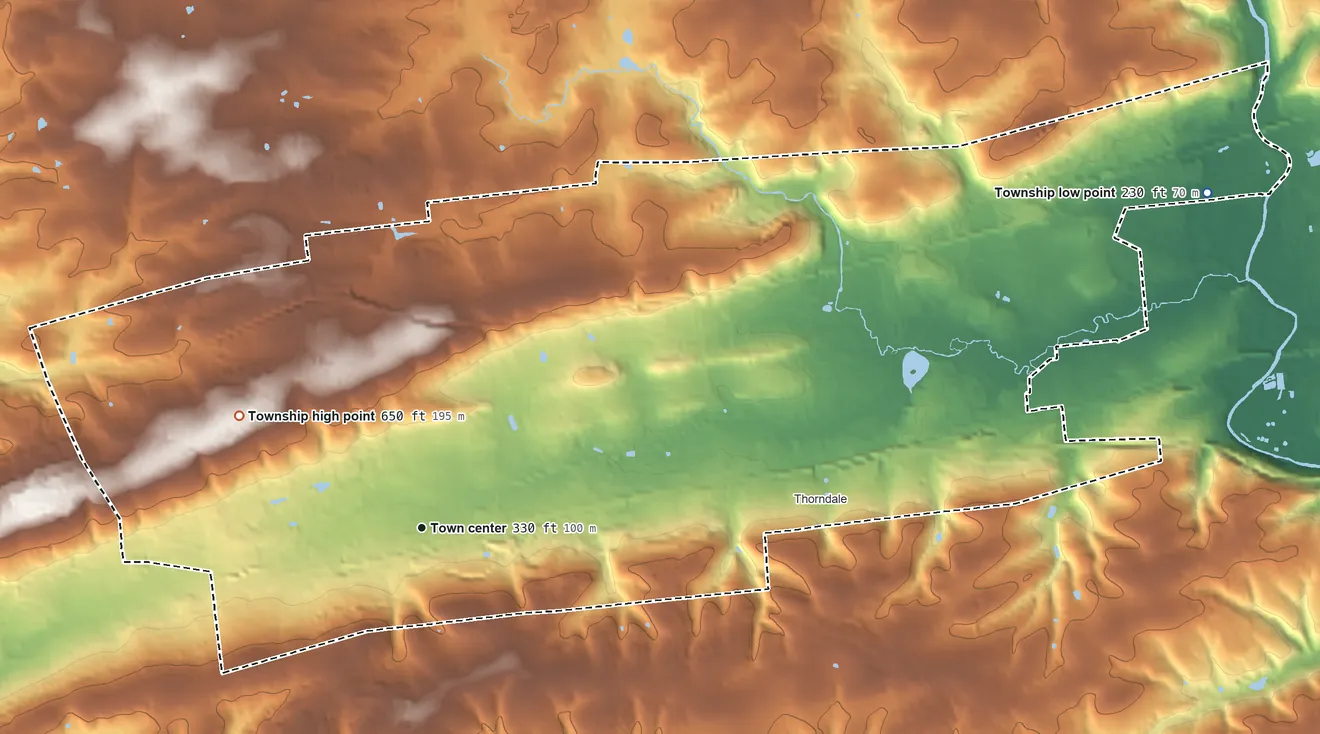 Topographic elevation map of Caln Township, Pennsylvania, shaded from 230 ft on the northeast side to 650 ft on the northwest side