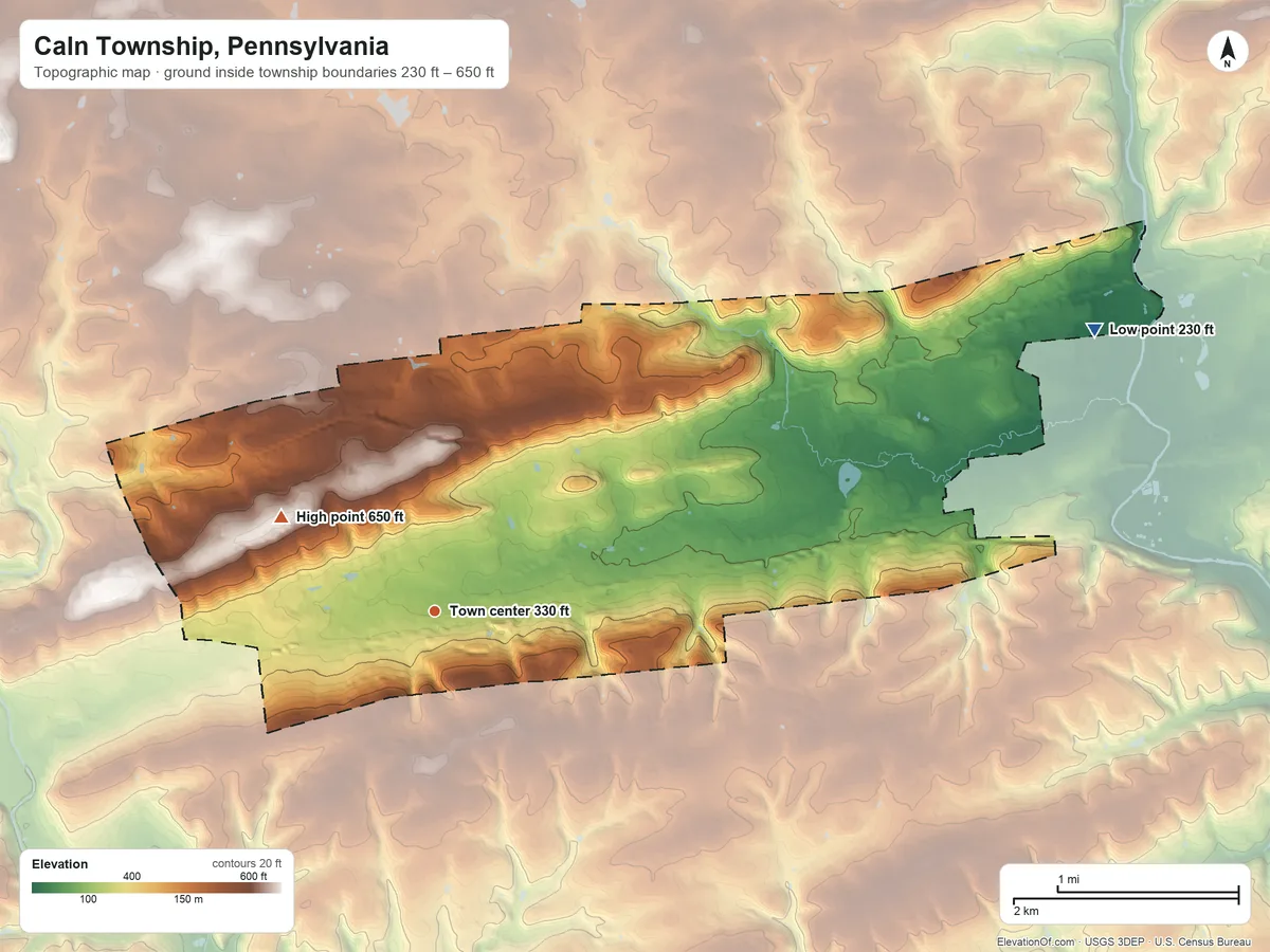 Topographic elevation map of Caln Township, Pennsylvania, shaded from 230 ft on the northeast side to 650 ft on the northwest side
