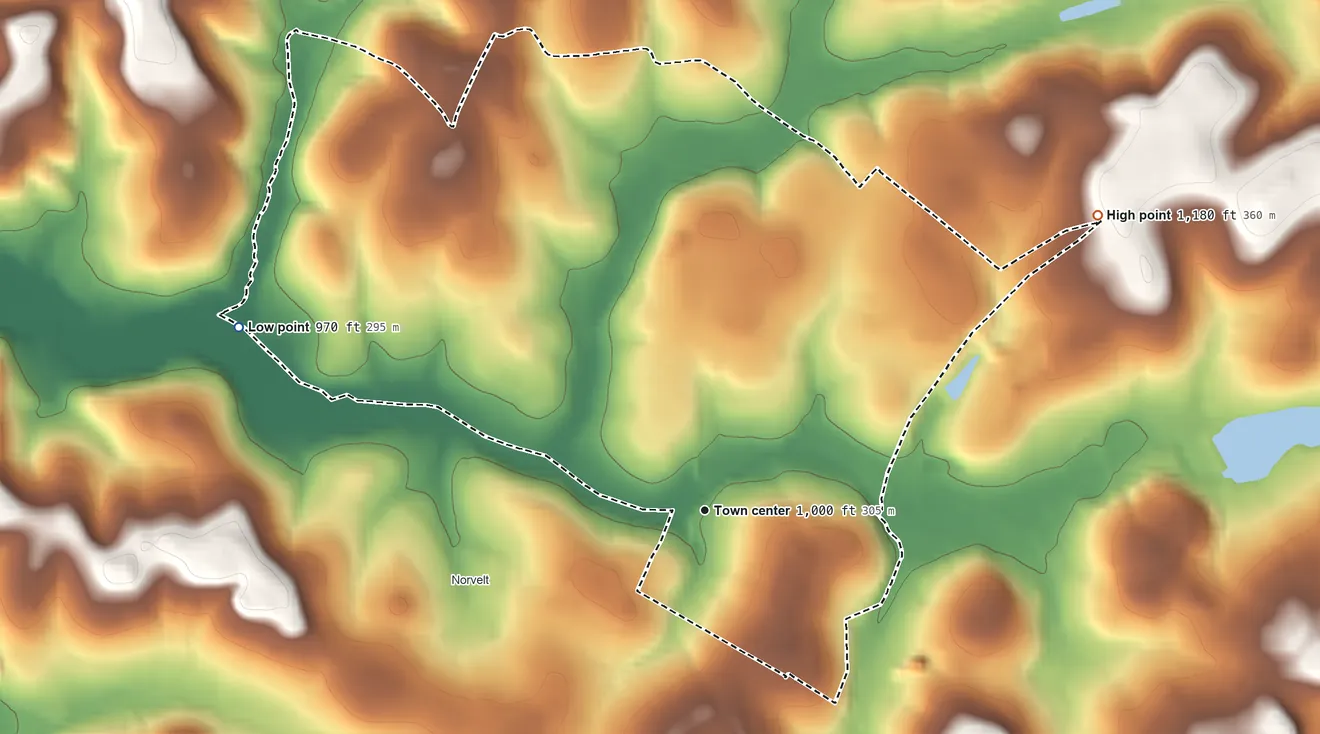 Topographic elevation map of Calumet, Pennsylvania, shaded from 970 ft on the west side to 1,180 ft on the northeast side