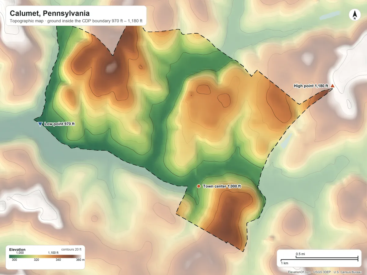 Topographic elevation map of Calumet, Pennsylvania, shaded from 970 ft on the west side to 1,180 ft on the northeast side