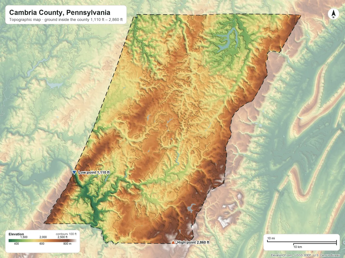 Topographic elevation map of Cambria County, Pennsylvania, shaded from 1,110 ft on the southwest side to 2,860 ft on the south side