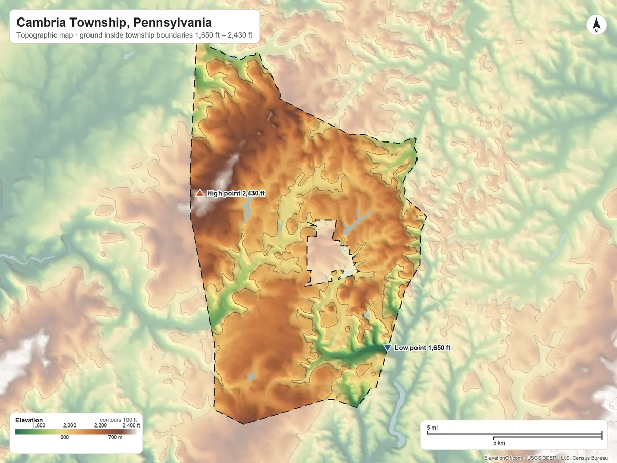 Topographic elevation map of Cambria Township, Pennsylvania, shaded from 1,650 ft on the southeast side to 2,430 ft on the northwest side