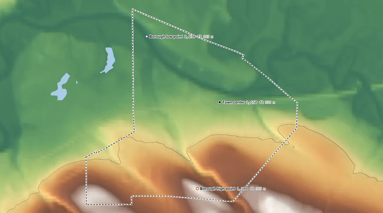Topographic elevation map of Cambridge Springs, Pennsylvania, shaded from 1,130 ft on the northwest side to 1,300 ft on the south side