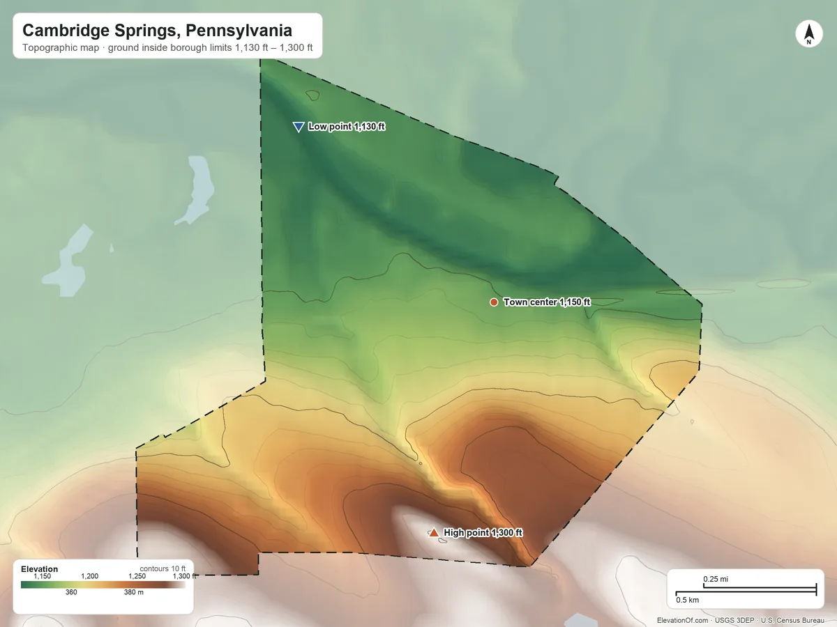 Topographic elevation map of Cambridge Springs, Pennsylvania, shaded from 1,130 ft on the northwest side to 1,300 ft on the south side