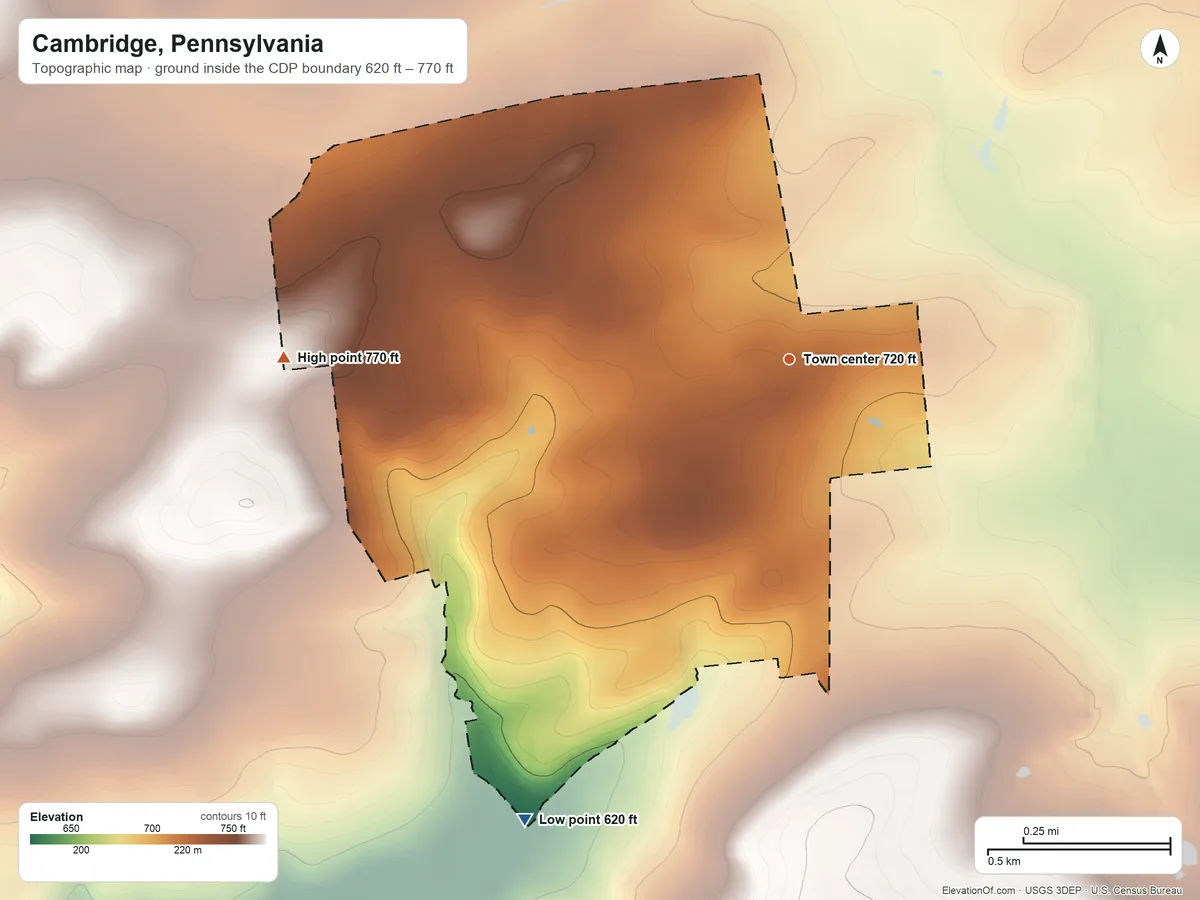 Topographic elevation map of Cambridge, Pennsylvania, shaded from 620 ft on the southwest side to 770 ft on the west side