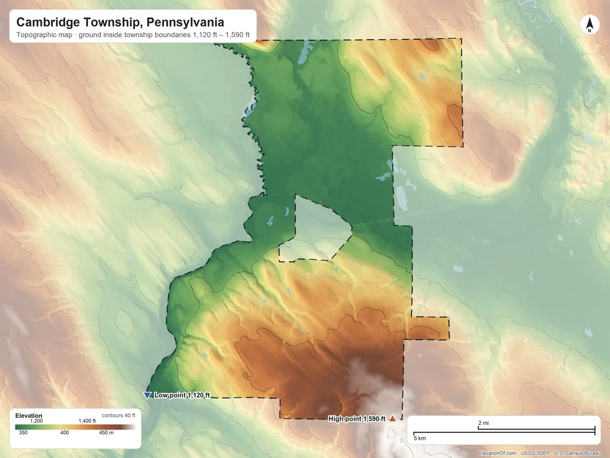 Topographic elevation map of Cambridge Township, Pennsylvania, shaded from 1,120 ft on the southwest side to 1,590 ft on the southeast side