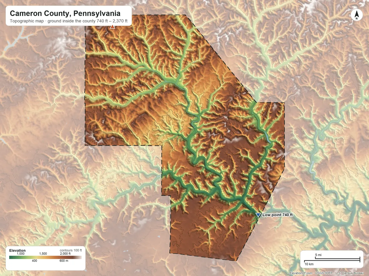 Topographic elevation map of Cameron County, Pennsylvania, shaded from 740 ft on the southeast side to 2,370 ft on the northwest side