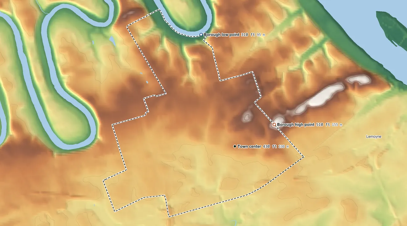 Topographic elevation map of Camp Hill, Pennsylvania, shaded from 310 ft on the north side to 510 ft on the northeast side