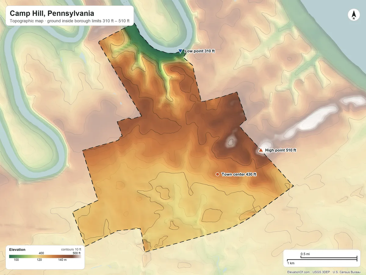 Topographic elevation map of Camp Hill, Pennsylvania, shaded from 310 ft on the north side to 510 ft on the northeast side