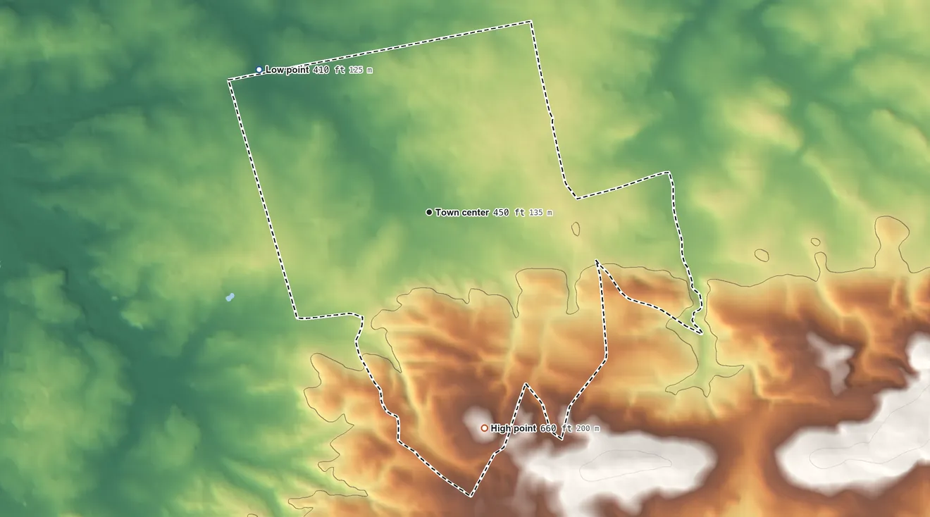 Topographic elevation map of Campbelltown, Pennsylvania, shaded from 410 ft on the northwest side to 660 ft on the south side