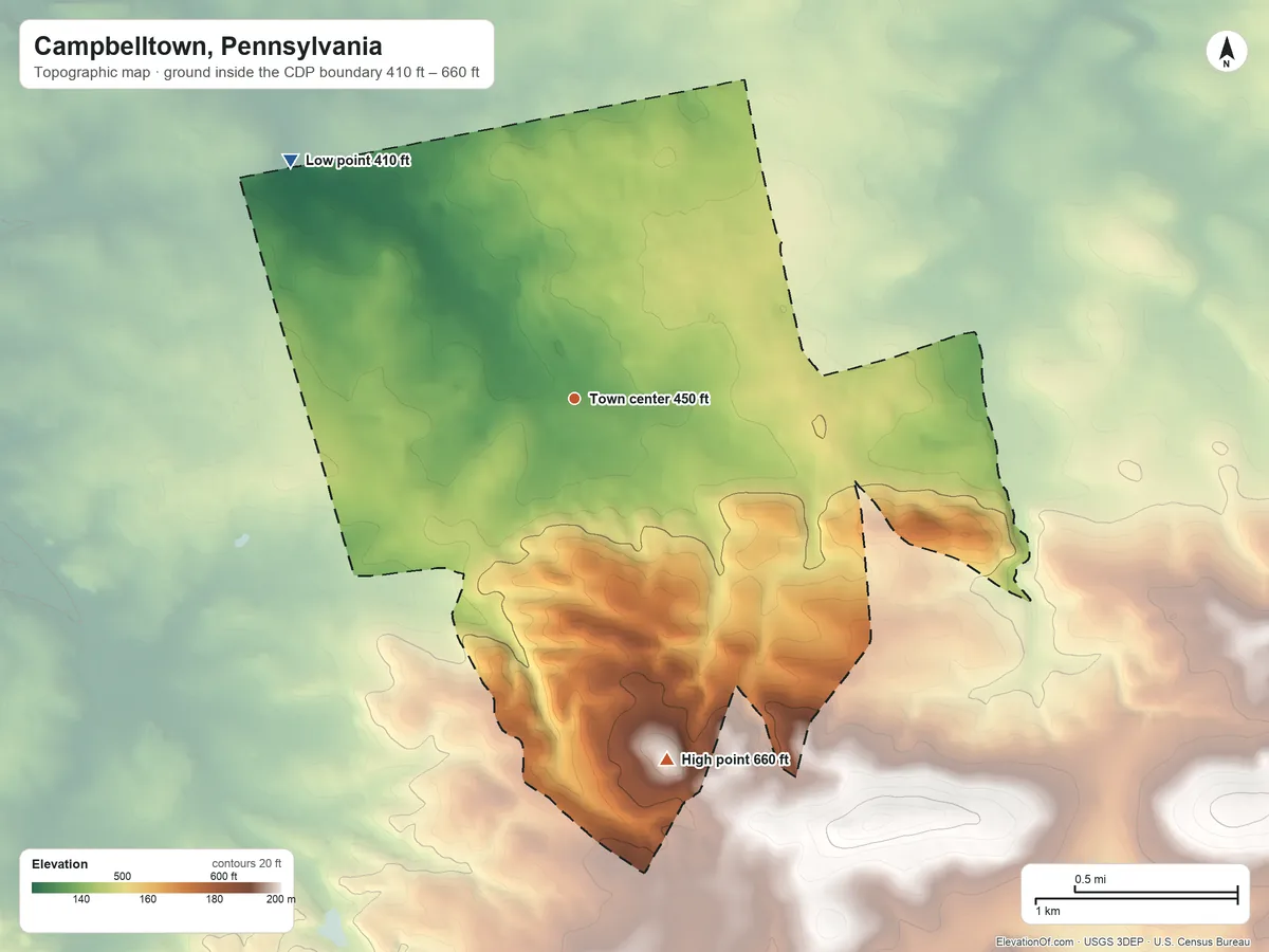Topographic elevation map of Campbelltown, Pennsylvania, shaded from 410 ft on the northwest side to 660 ft on the south side
