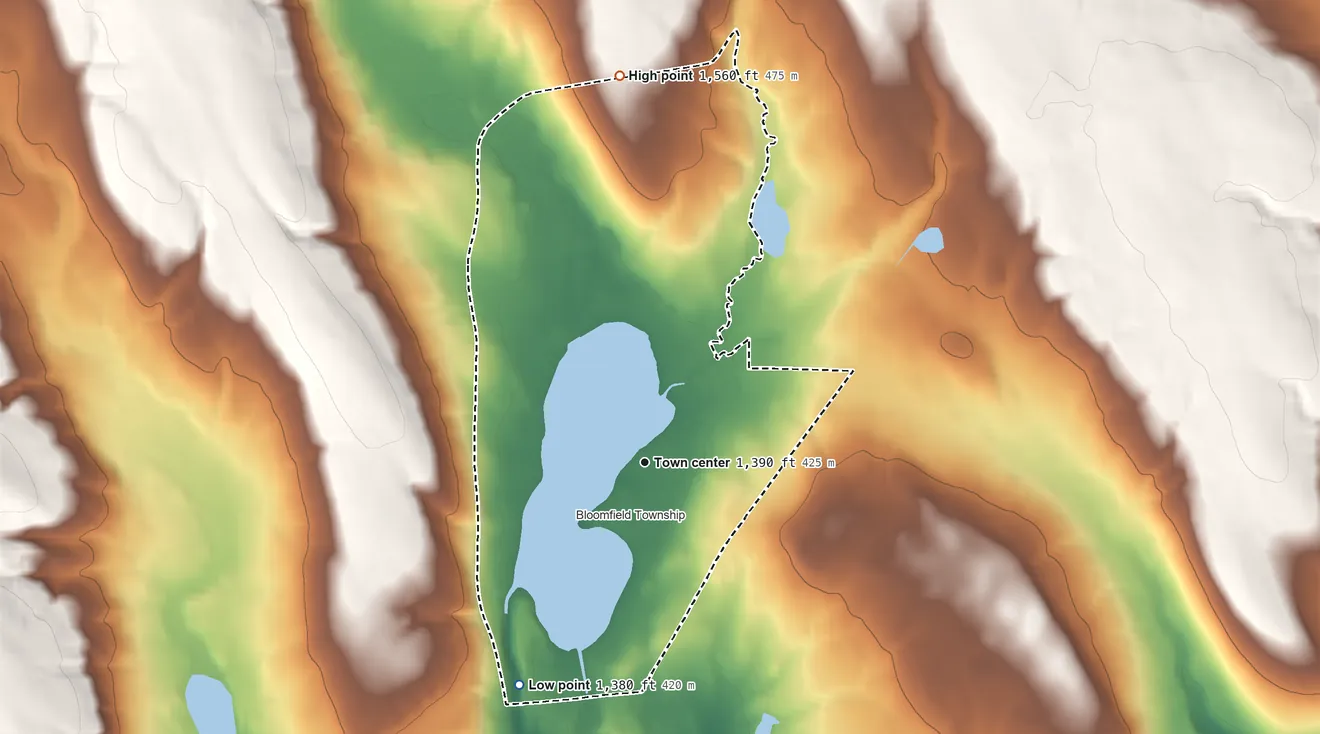 Topographic elevation map of Canadohta Lake, Pennsylvania, shaded from 1,380 ft on the southwest side to 1,560 ft on the north side