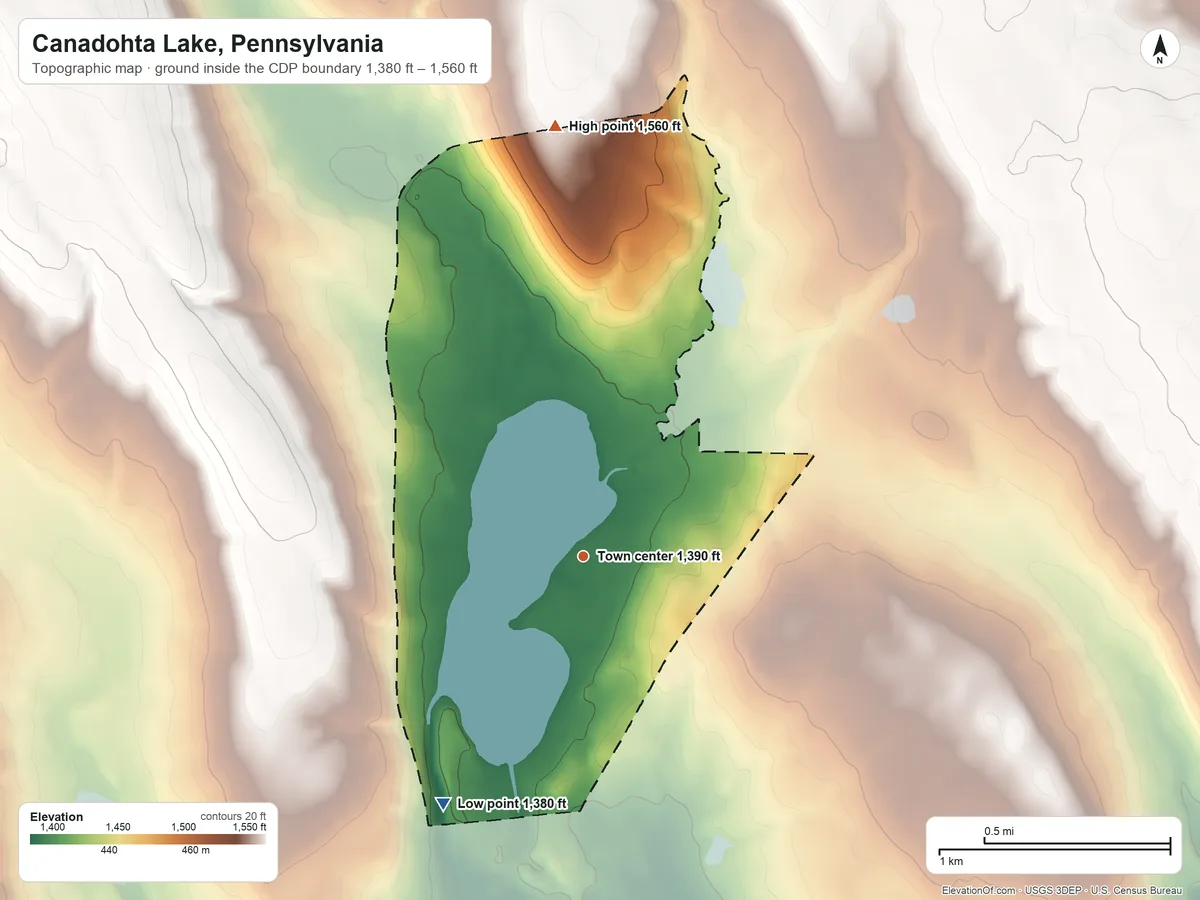 Topographic elevation map of Canadohta Lake, Pennsylvania, shaded from 1,380 ft on the southwest side to 1,560 ft on the north side