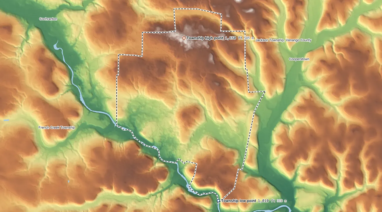 Topographic elevation map of Canal Township, Pennsylvania, shaded from 1,010 ft on the south side to 1,650 ft on the north side