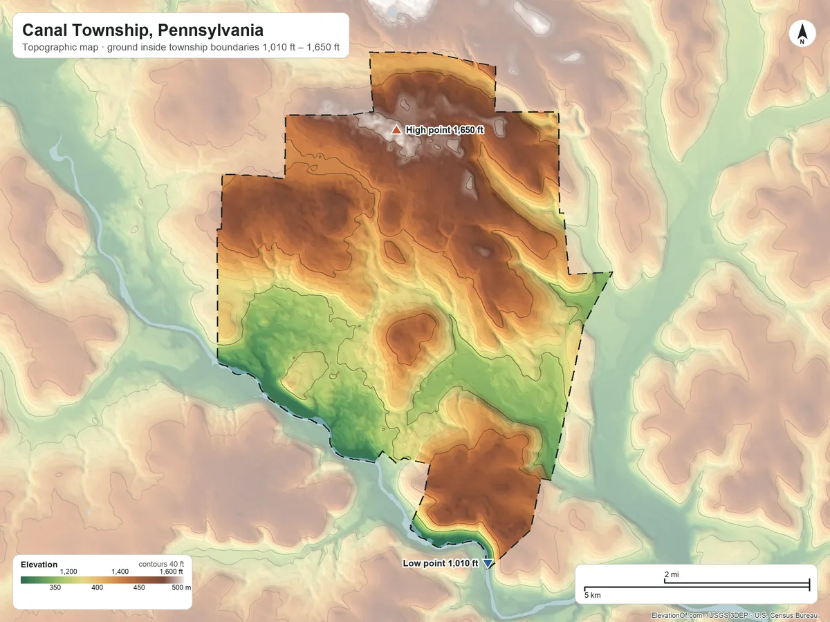 Topographic elevation map of Canal Township, Pennsylvania, shaded from 1,010 ft on the south side to 1,650 ft on the north side